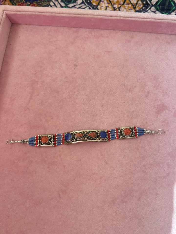 Handcrafted Lapis Lazuli and Coral German Silver Bracelet, Indian Jewelry