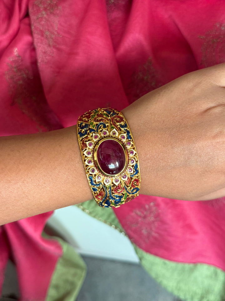 925 Silver Natural Ruby Oval Stone Kada by SHIVKA, Gold Plated Bikaner Artisanal Enamel Bangle