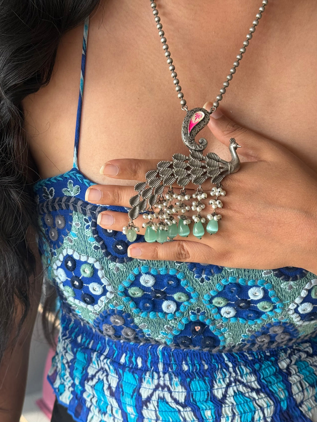 Antique Peacock Handpainted Necklace Set | SHIVKA