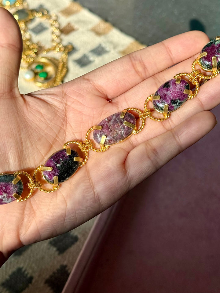 Natural Ruby-in-Zoisite Gemstone Choker – Gold Brass, Adjustable Necklace
