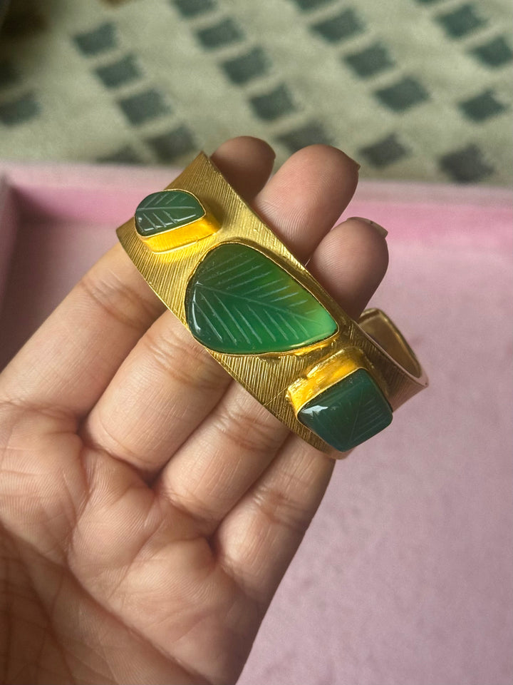 Exquisite Carved Green Onyx Stone Studded Brass Open Cuff - Unparalleled Quality and Style