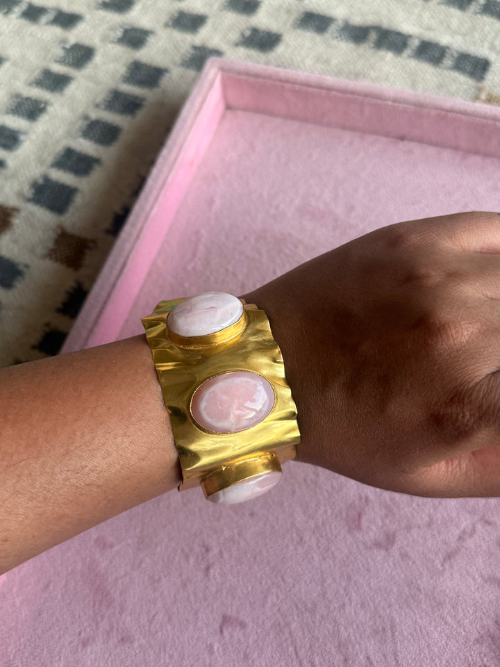 SHIVKA Designer Stone Brass Cuff | Adjustable Open Bracelet | Statement Festive Wear | 45g
