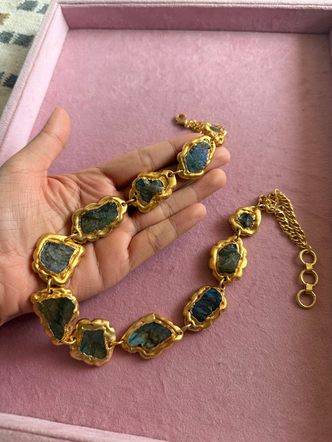 Handmade Raw Labradorite Gold Embedded Necklace | Adjustable Lobster Claw Brass Statement Jewelry