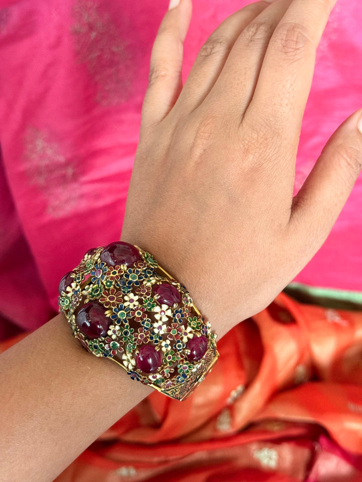 925 Silver Meenakari Ruby Kada by SHIVKA, Gold Plated Bikaner Artisanal Floral Openable Bangle