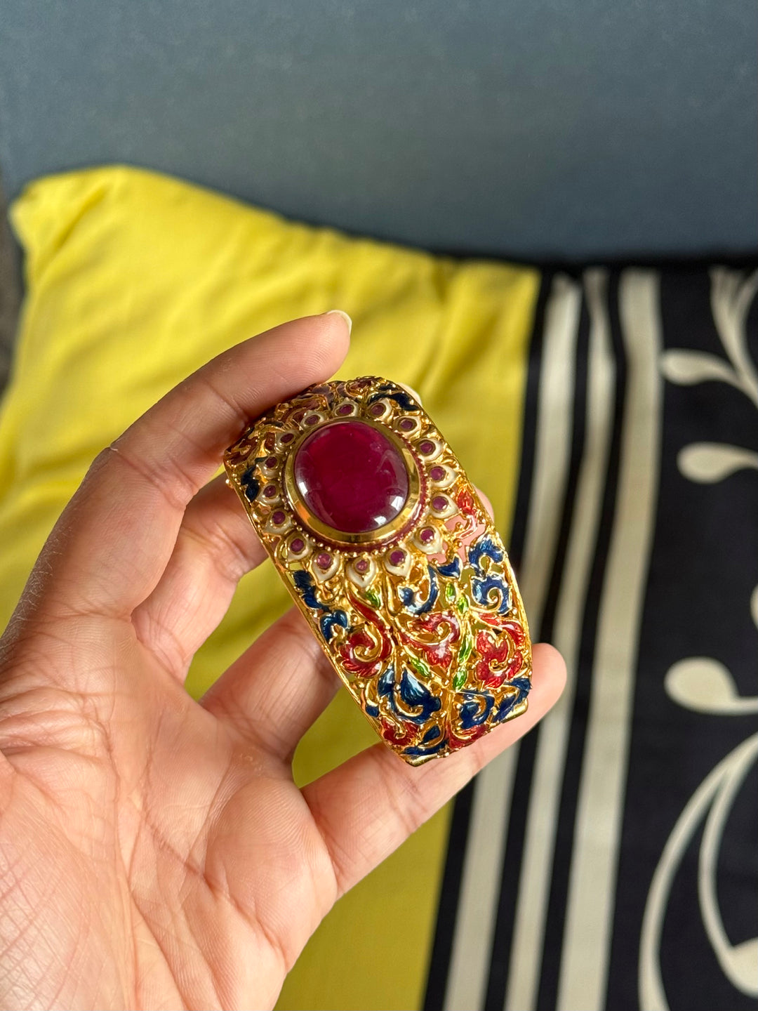 925 Silver Natural Ruby Oval Stone Kada by SHIVKA, Gold Plated Bikaner Artisanal Enamel Bangle