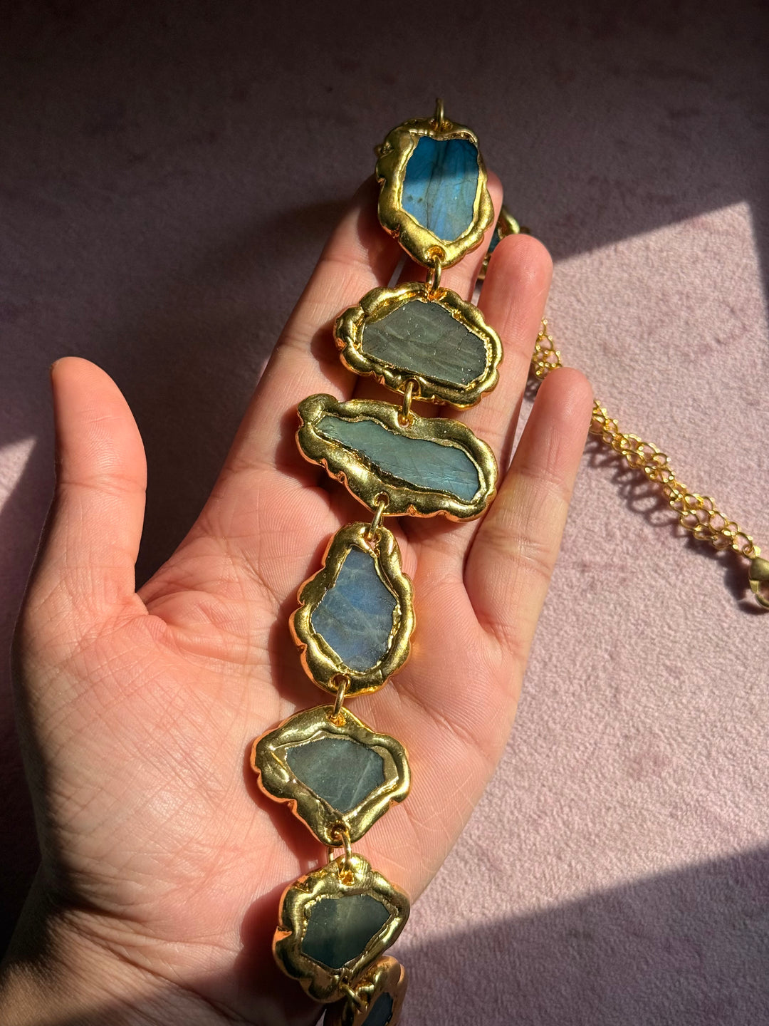 Handmade Raw Stone Gold Embedded Necklace | Adjustable Lobster Claw Brass Statement Jewelry
