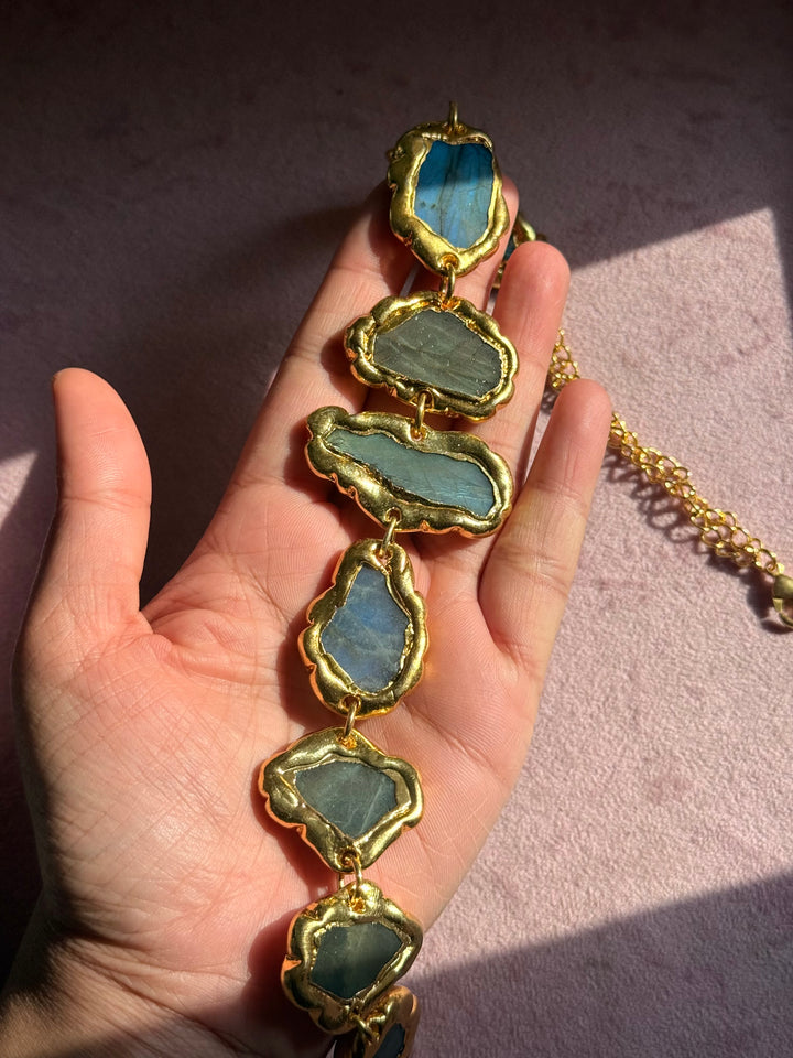 Handmade Raw Stone Gold Embedded Necklace | Adjustable Lobster Claw Brass Statement Jewelry