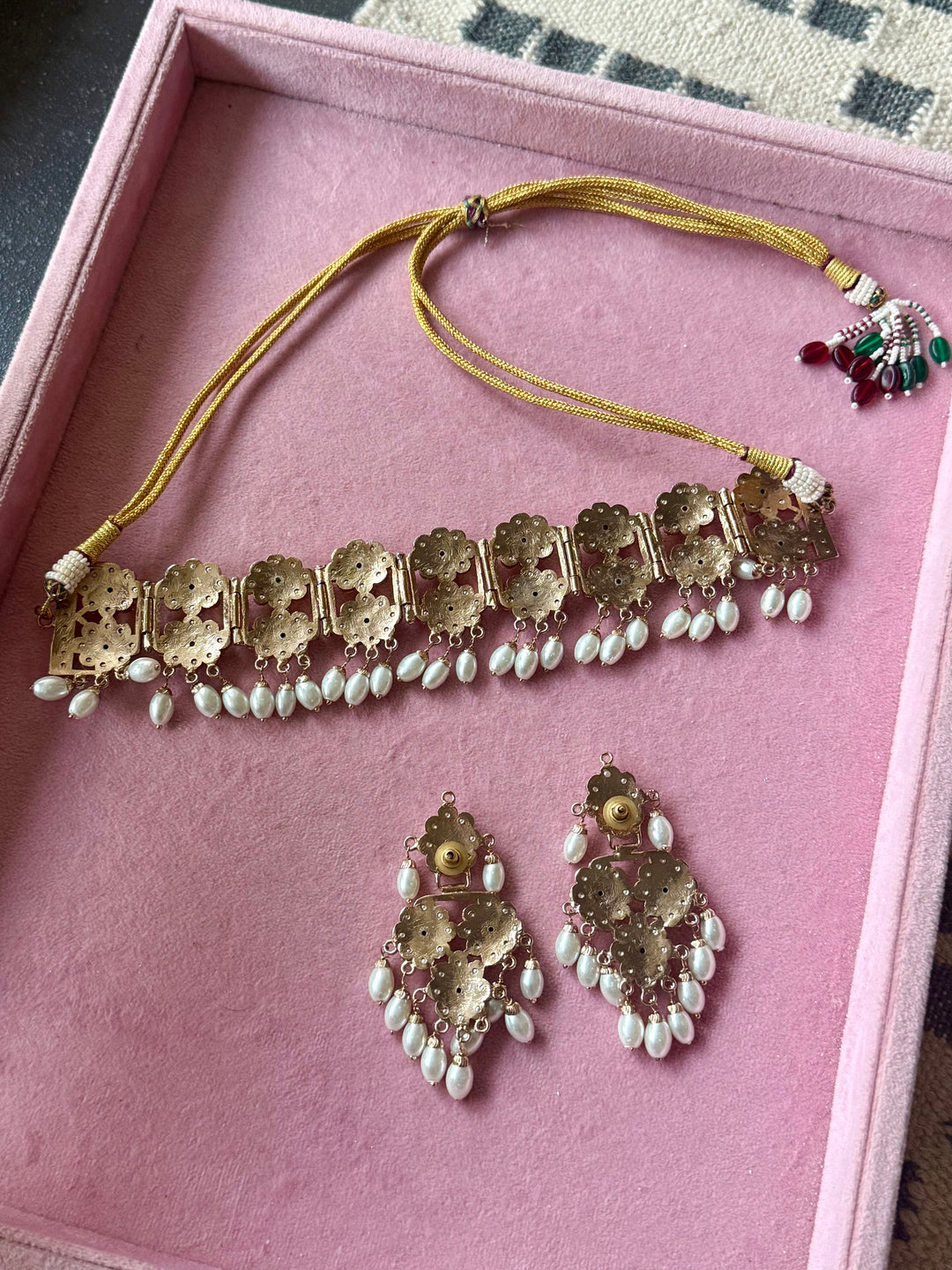 Handcrafted Ruby Red Twin Layer Choker Necklace Set