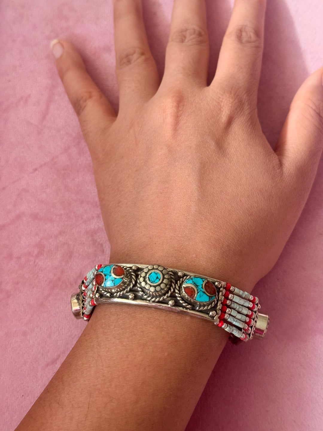 Handcrafted Turquoise and Coral German Silver Bracelet, Indian Jewelry