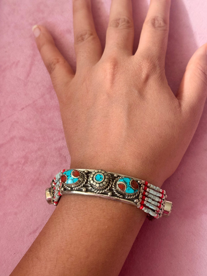 Handcrafted Turquoise and Coral German Silver Bracelet, Indian Jewelry