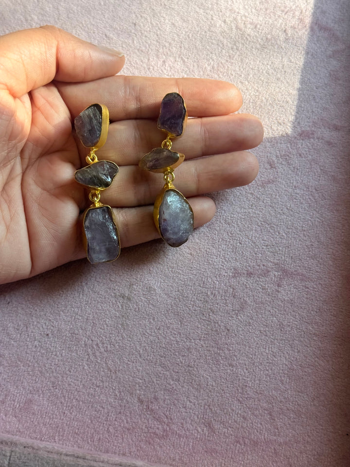 Handmade Raw Amethyst Stone 3 Tier Earrings | Gold Polish Brass Push Back Statement Earrings