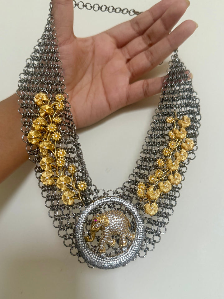 Handmade Elephant Designer Necklace Set | Dual Tone Gold & Black | SHIVKA