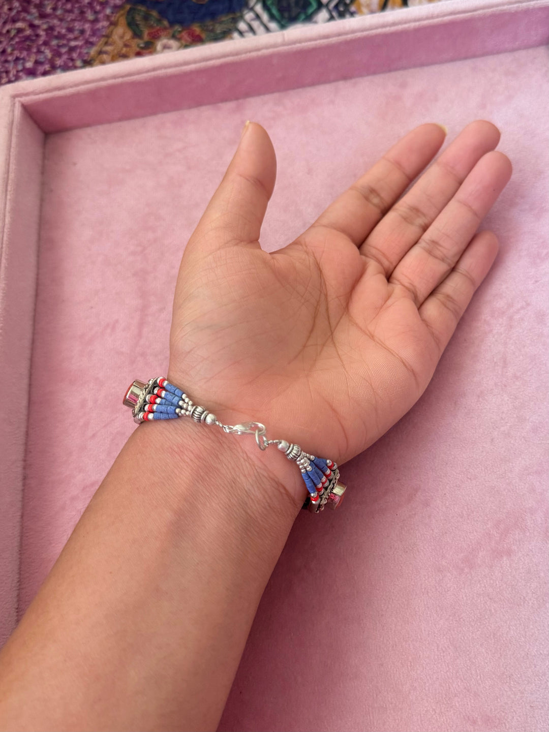 Handcrafted Lapis Lazuli and Coral German Silver Bracelet, Indian Jewelry