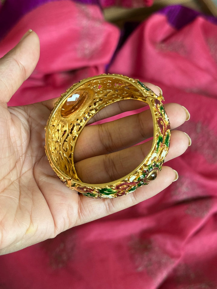 SHIVKA 925 Silver Meenakari Kada | Natural Topaz Stone | Gold Plated | Openable | 60g