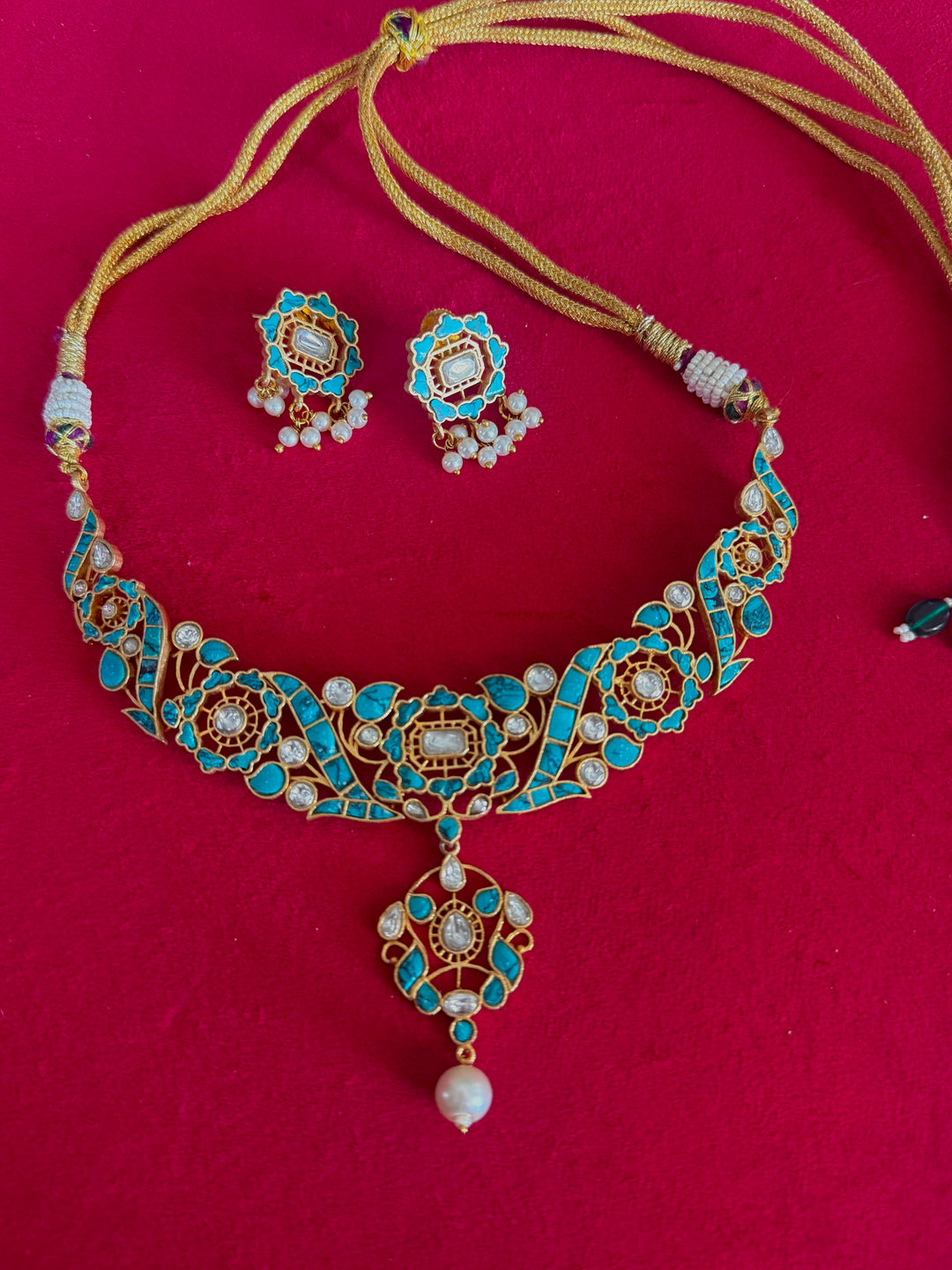 Handmade Jadau Turquoise Necklace Set | Brass Gold Polish | SHIVKA