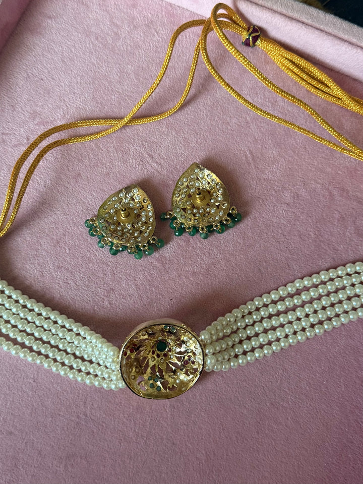 Statement Jadau Choker Necklace Set | 18k Gold Plated | Copper & Semi-Precious Stones