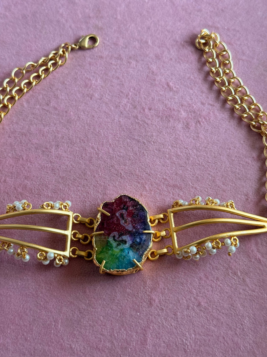 Handmade Natural Rainbow Stone Statement Choker | Brass Adjustable Lobster Claw Jewelry
