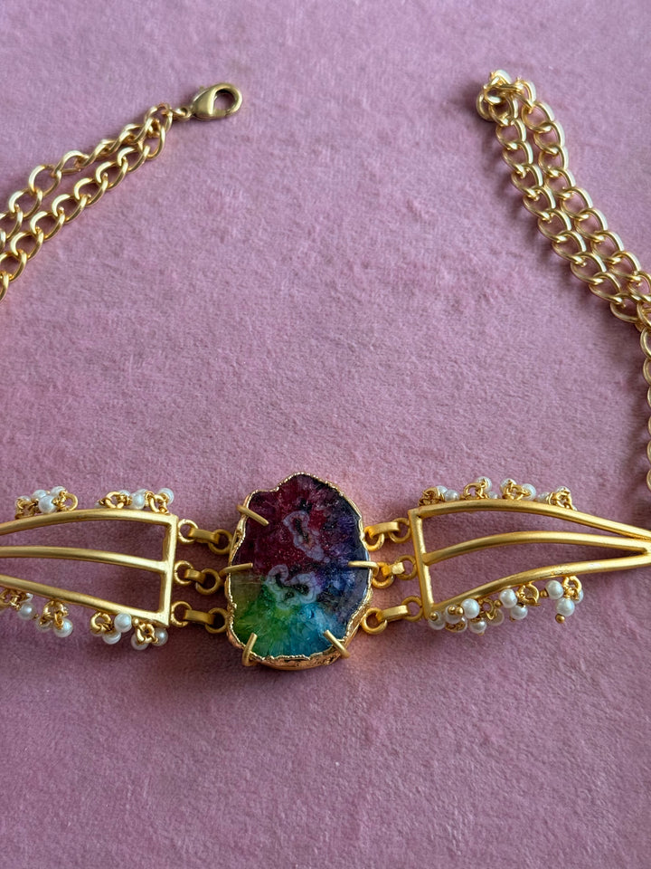 Handmade Natural Rainbow Stone Statement Choker | Brass Adjustable Lobster Claw Jewelry