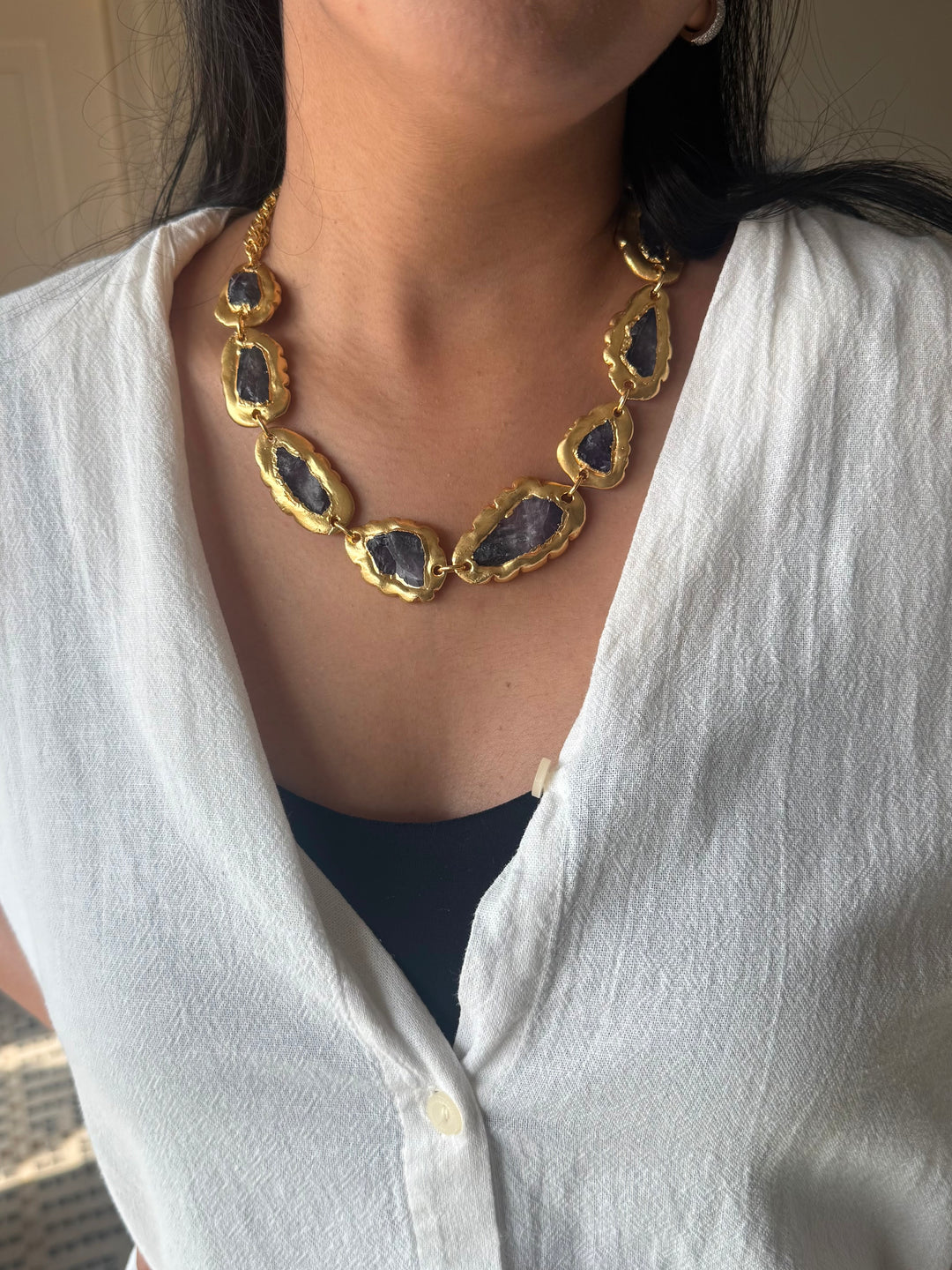 Handmade Raw Amethyst Gold Embedded Necklace | Adjustable Lobster Claw Brass Statement Jewelry