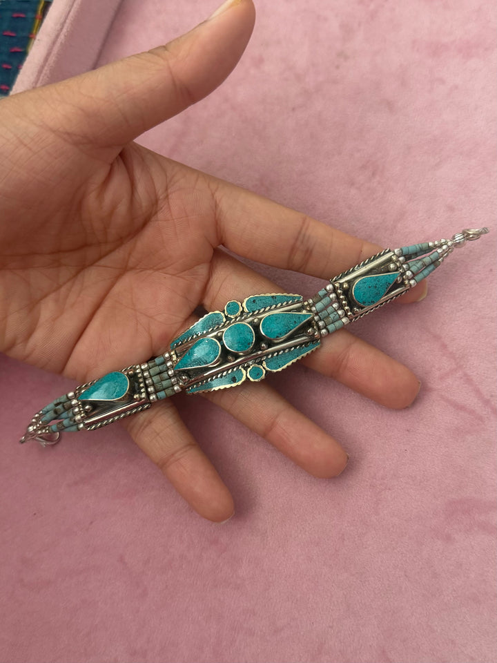 Handcrafted Turquoise German Silver Bracelet, Indian Jewelry