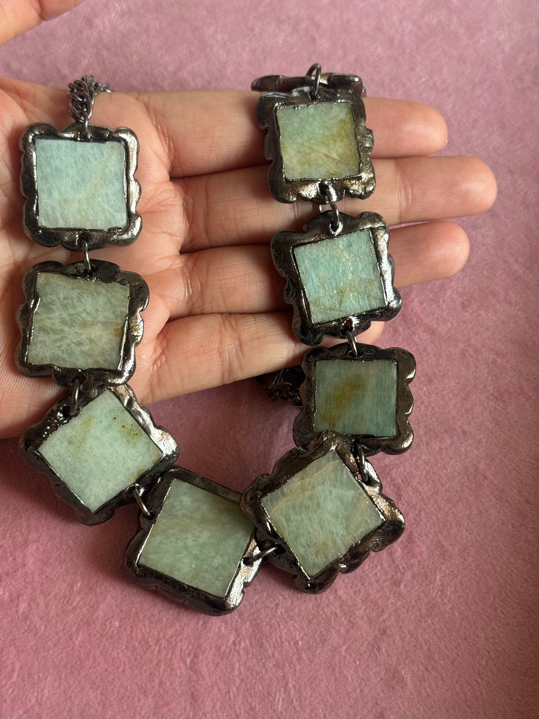 Handmade Raw Amazonite Rhodium Plated Necklace | Adjustable Lobster Claw Brass Statement Jewelry