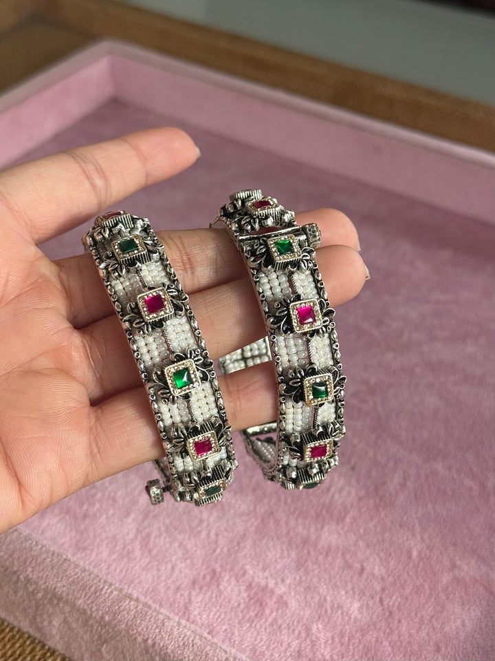 SHIVKA SAANJ 925 Silver Fusion Bangles | Set of 2 | CZ Stones | Artisan Crafted | 94g