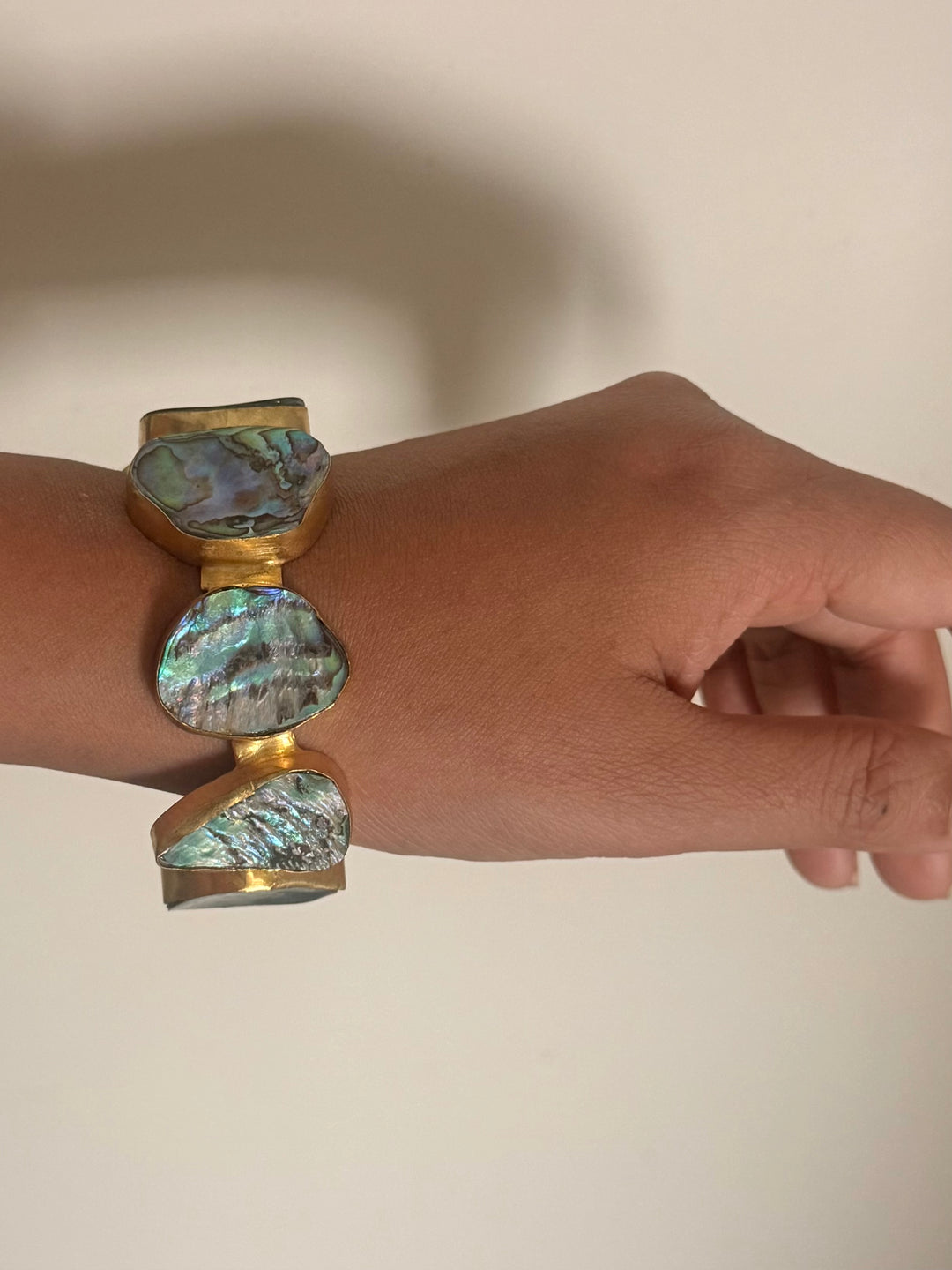 SHIVKA Designer Brass Abalone Cuff | Gold Polish | Natural Abalone Stones | Adjustable | 30g