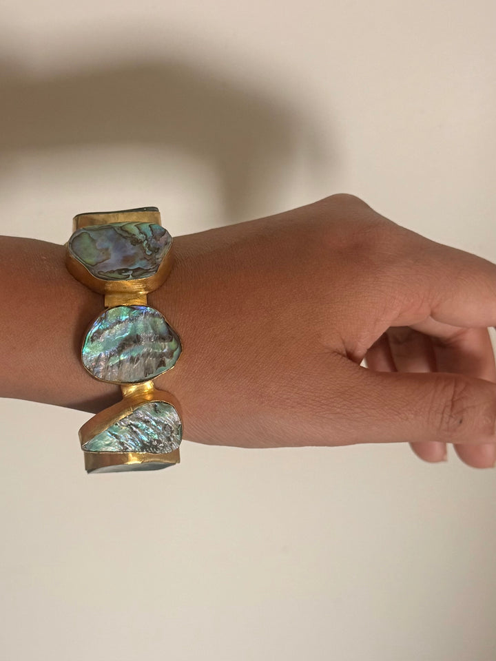SHIVKA Designer Brass Abalone Cuff | Gold Polish | Natural Abalone Stones | Adjustable | 30g