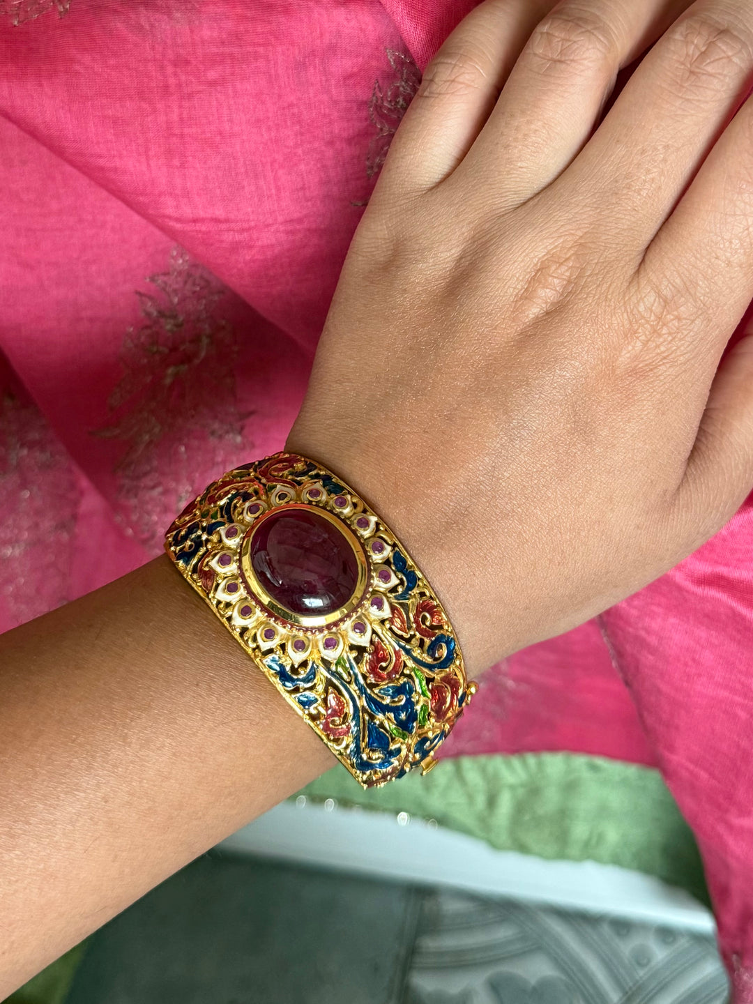 925 Silver Natural Ruby Oval Stone Kada by SHIVKA, Gold Plated Bikaner Artisanal Enamel Bangle