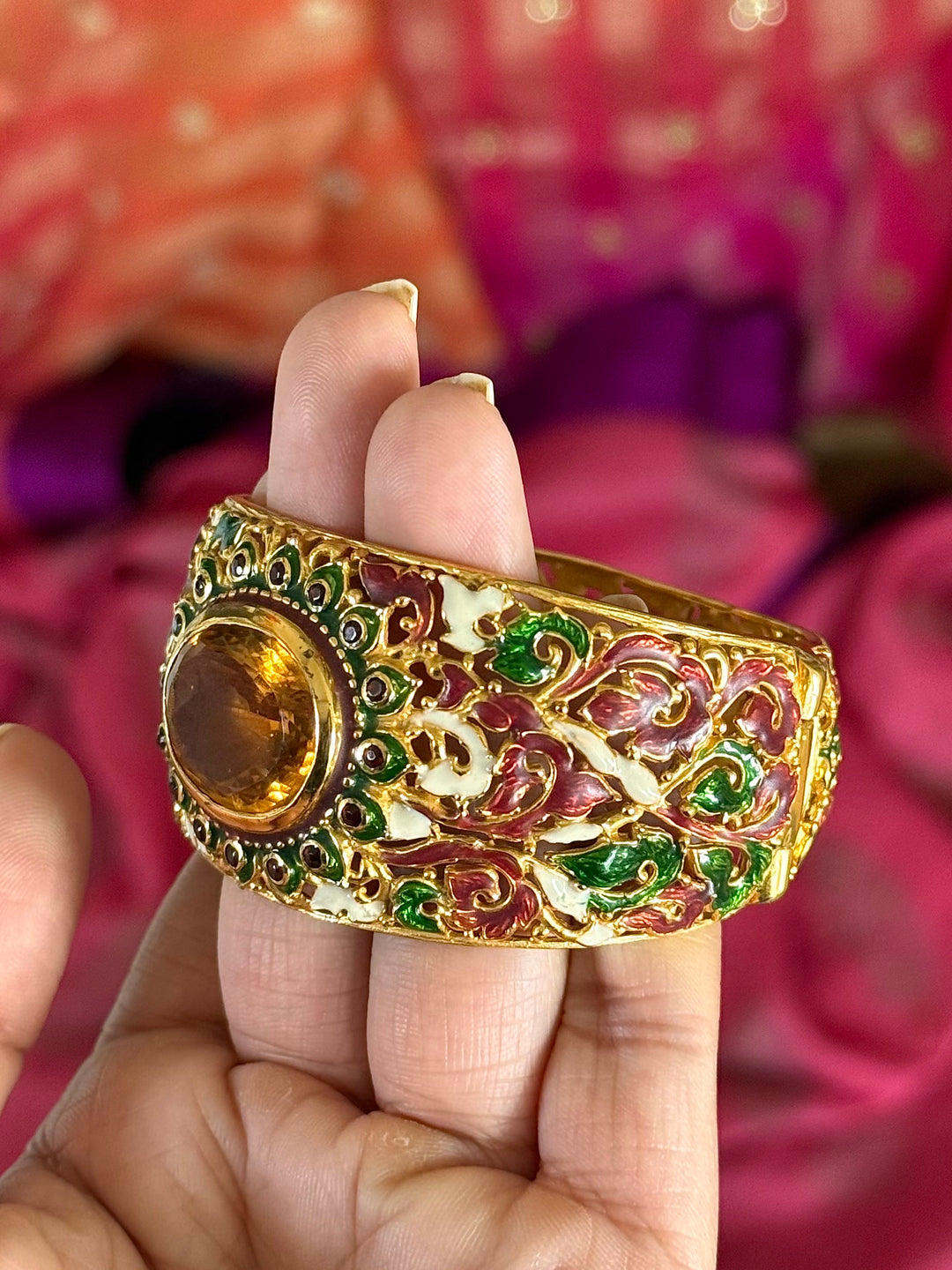SHIVKA 925 Silver Meenakari Kada | Natural Topaz Stone | Gold Plated | Openable | 60g
