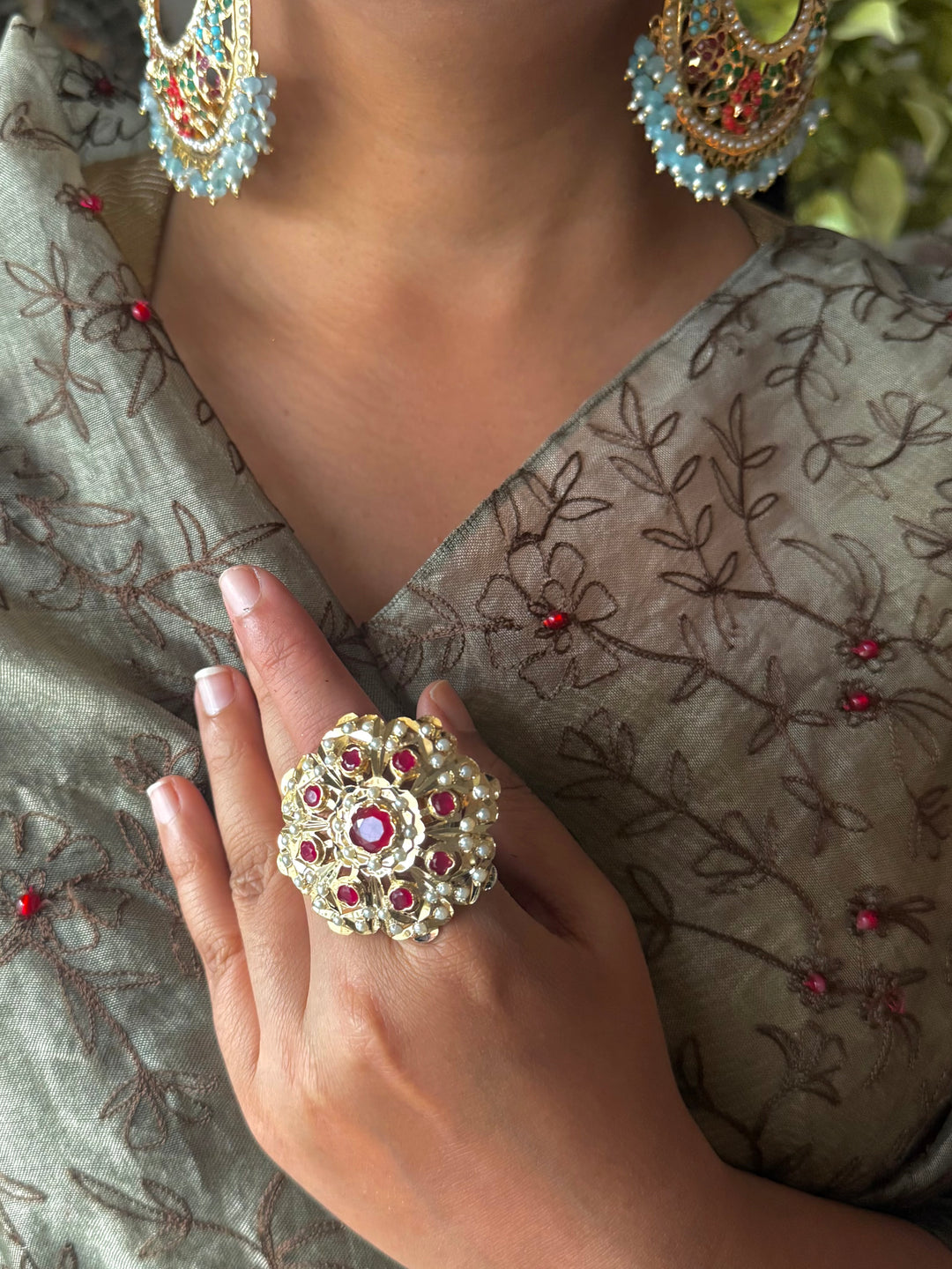 Statement Pearl and Ruby Jadau Ring | 18k Gold Plated | Copper & Semi-Precious Stones