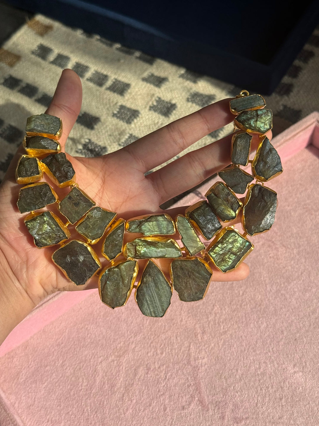 Handmade Raw Stone Labradorite Necklace | Gold Polish Brass Adjustable Statement Jewelry