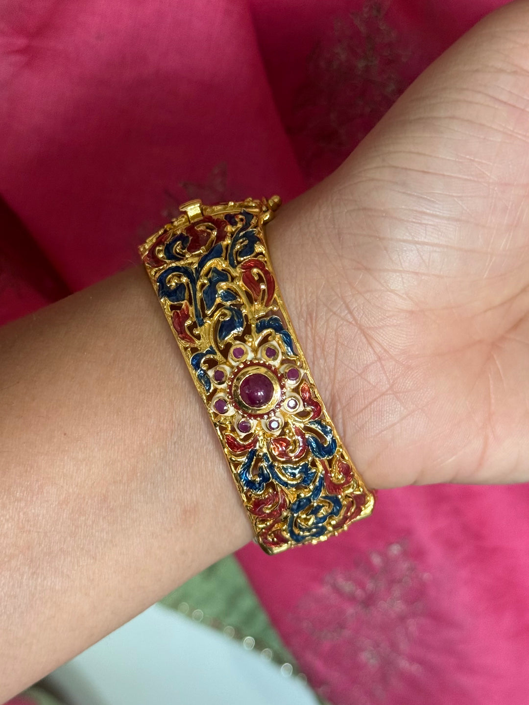 925 Silver Natural Ruby Oval Stone Kada by SHIVKA, Gold Plated Bikaner Artisanal Enamel Bangle