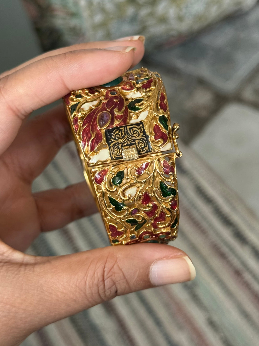 925 Silver Green Onyx Kada by SHIVKA, Gold Plated Bikaner Artisanal Enamel Bangle