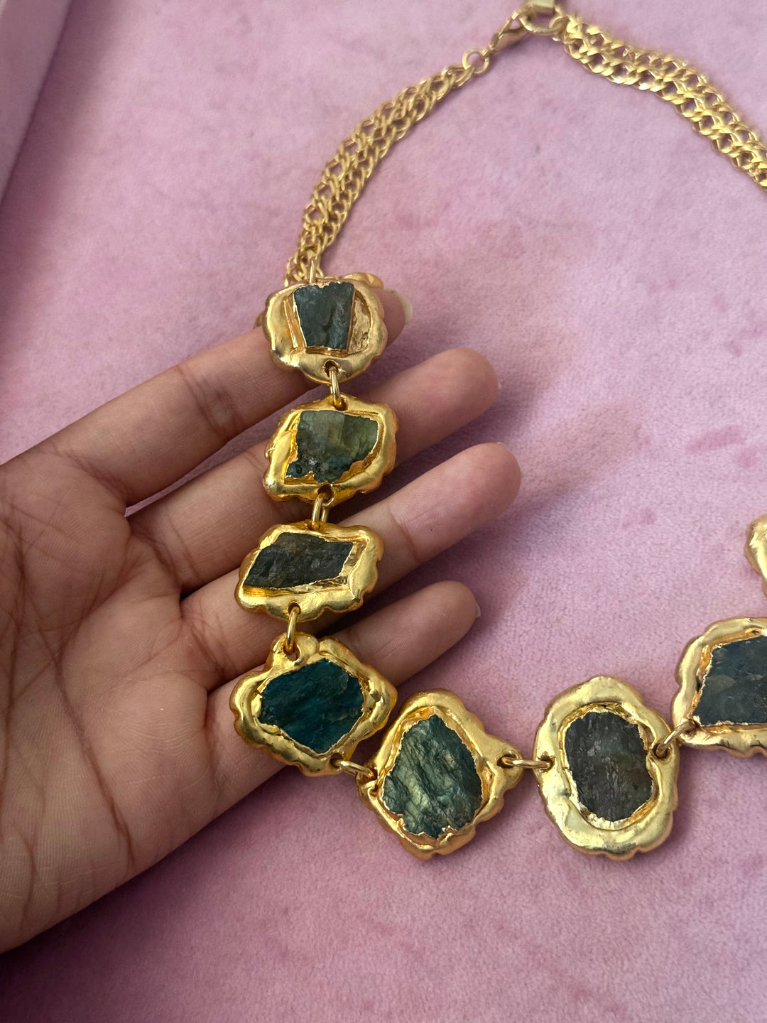 Handmade Natural Stones Gold Embedded Necklace | Adjustable Lobster Claw Brass Statement Jewelry