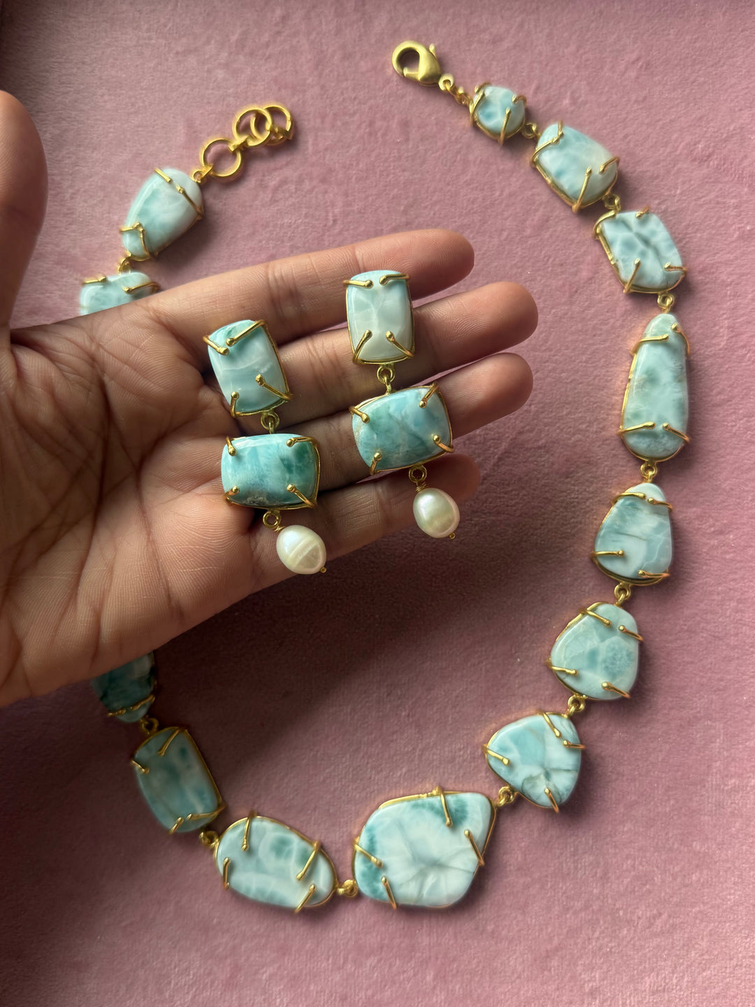 Statement Larimar Stone Necklace Set