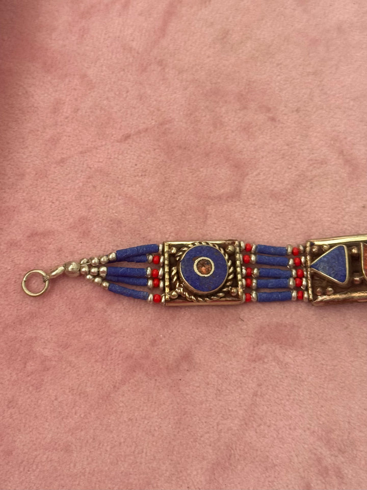 Handcrafted Lapis Lazuli and Coral German Silver Bracelet, Indian Jewelry