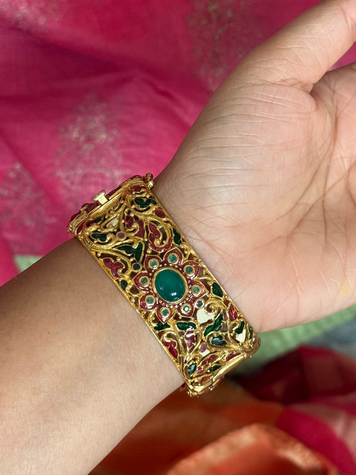 925 Silver Green Onyx Kada by SHIVKA, Gold Plated Bikaner Artisanal Enamel Bangle