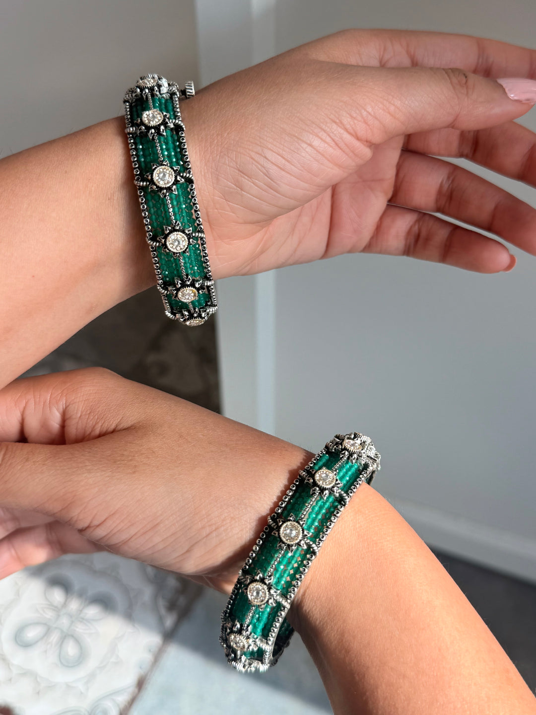 SHIVKA SAANJ 925 Silver Fusion Bangles | Set of 2 | CZ Stones | Artisan Crafted | 93g
