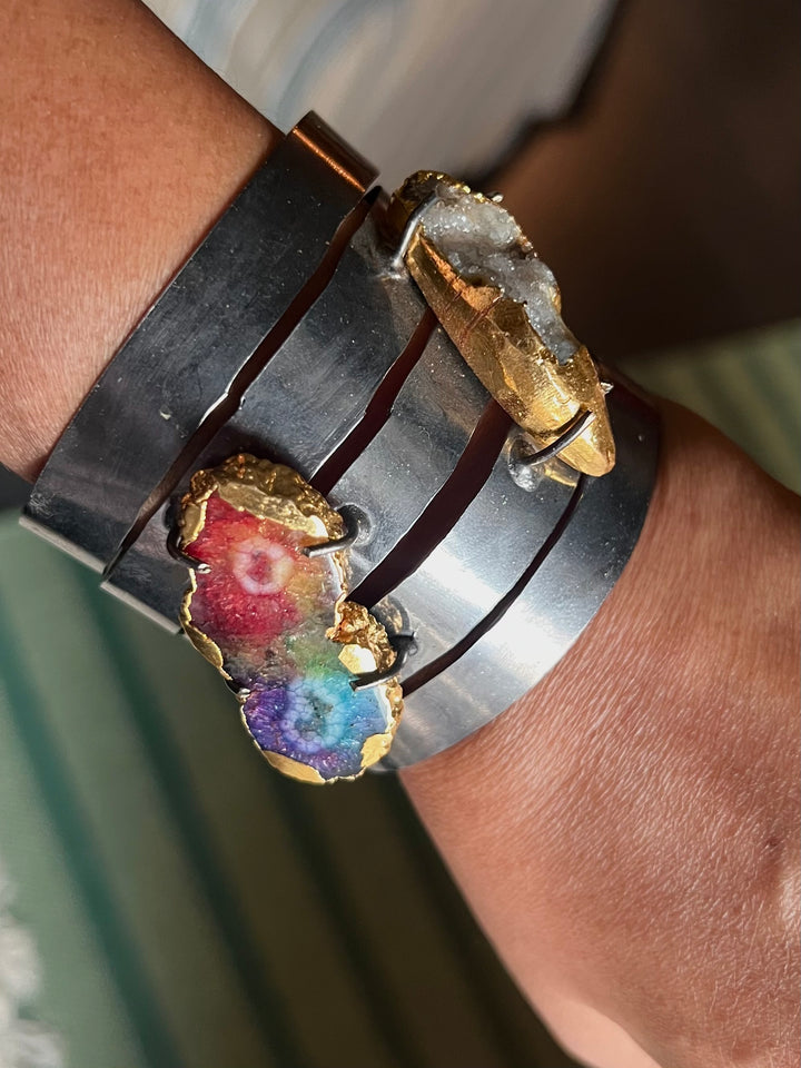 SHIVKA Designer Brass Quartz Cuff | Black Rhodium Polish | Natural Stones | Adjustable | 65g