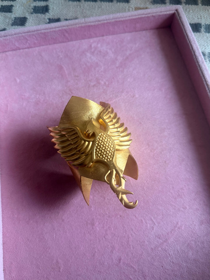 Handmade Phoenix Statement Open Cuff | Textured Gold Polish Brass Free Size Bracelet