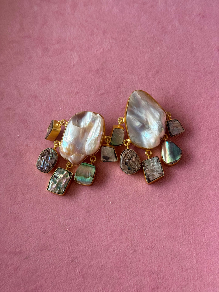 Handmade Brass Earrings with Abalone Shell & Baroque Pearls | Modern Gold Polish Statement Earrings by SHIVKA