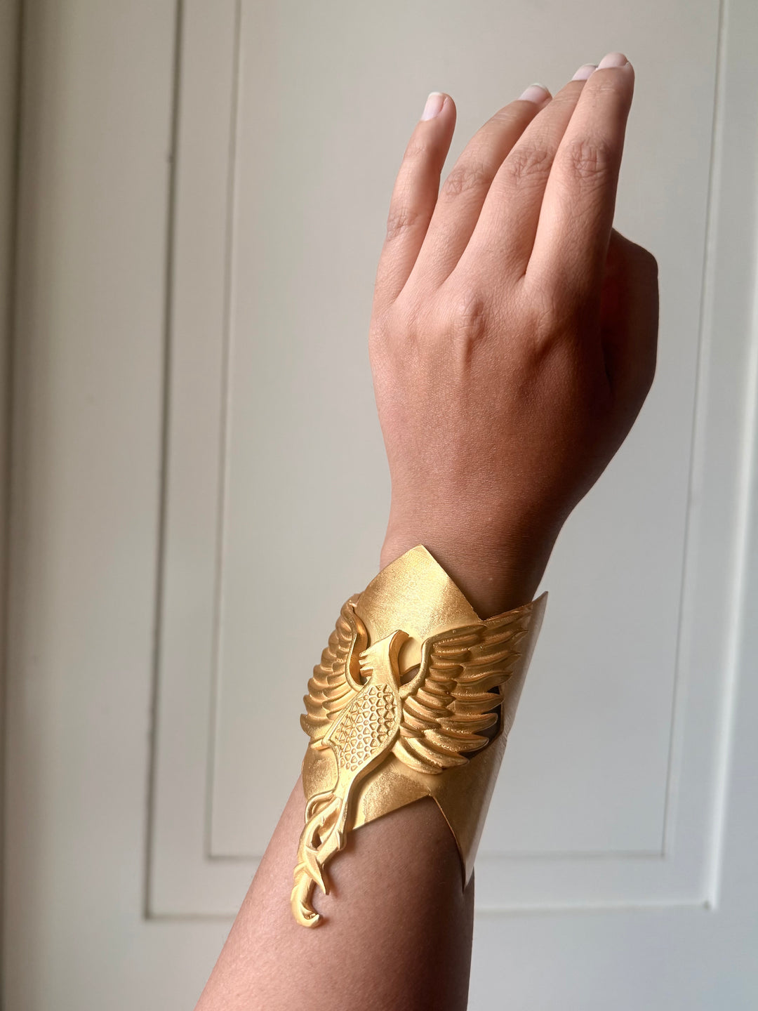 Handmade Phoenix Statement Open Cuff | Textured Gold Polish Brass Free Size Bracelet
