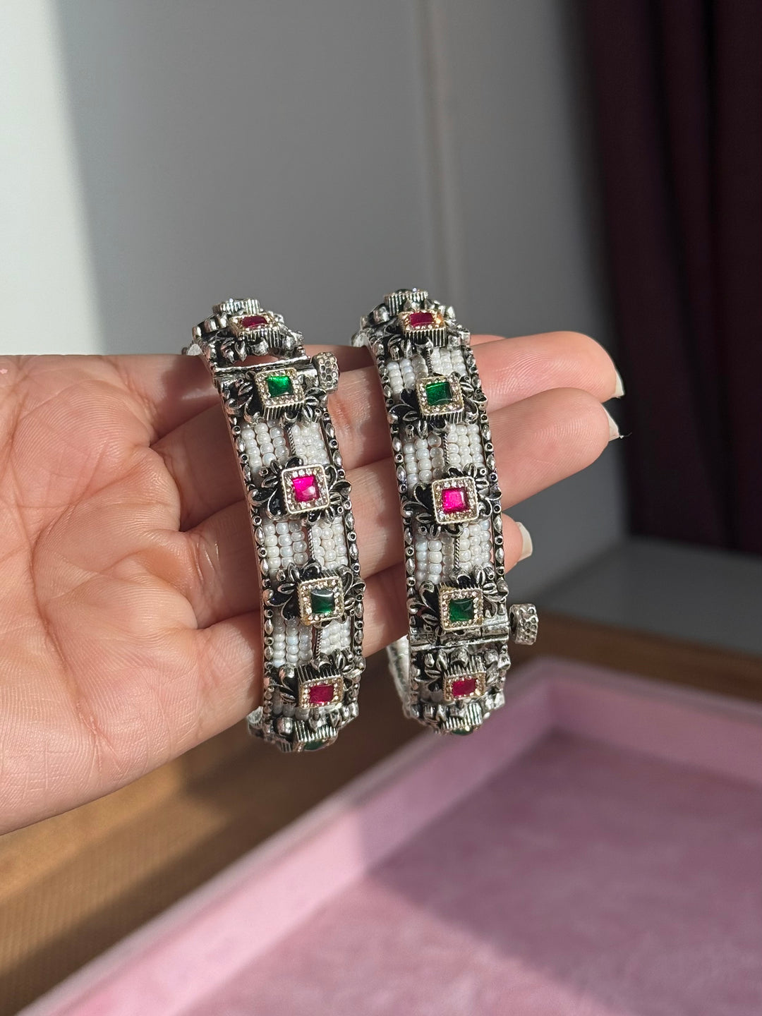 SHIVKA SAANJ 925 Silver Fusion Bangles | Set of 2 | CZ Stones | Artisan Crafted | 94g