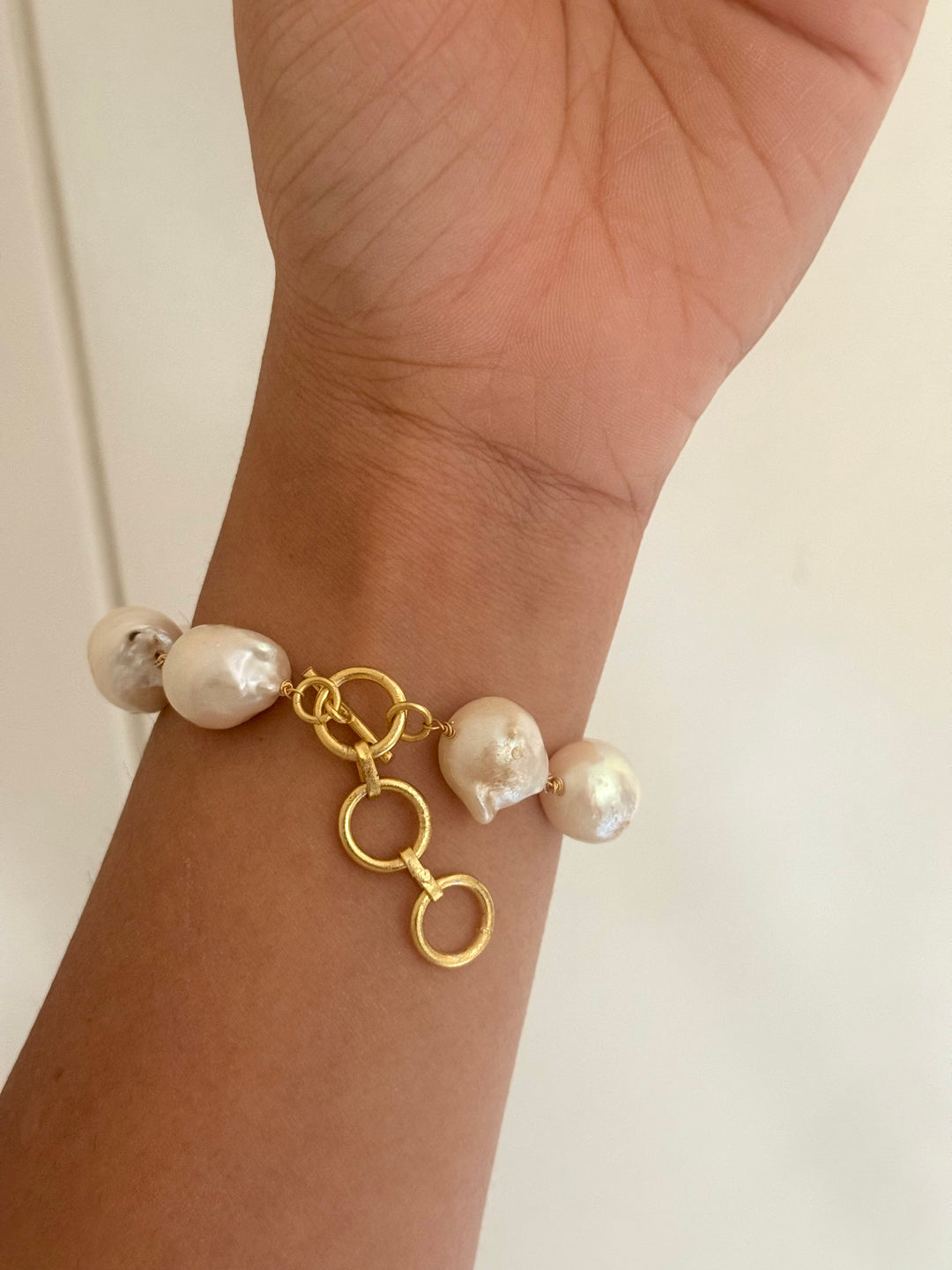 Handmade Baroque Pearl Statement Bracelet | Gold Polish Brass Toggle Clasp Jewelry
