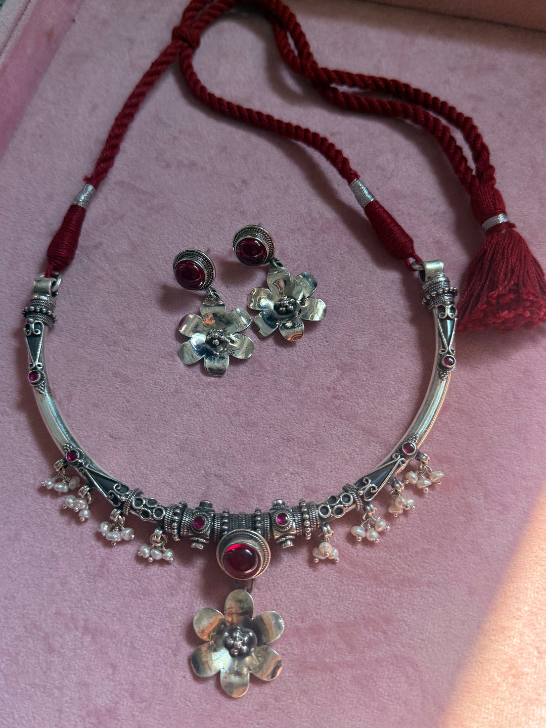 Handmade 925 Silver Flower Hasli Necklace Set | SHIVKA