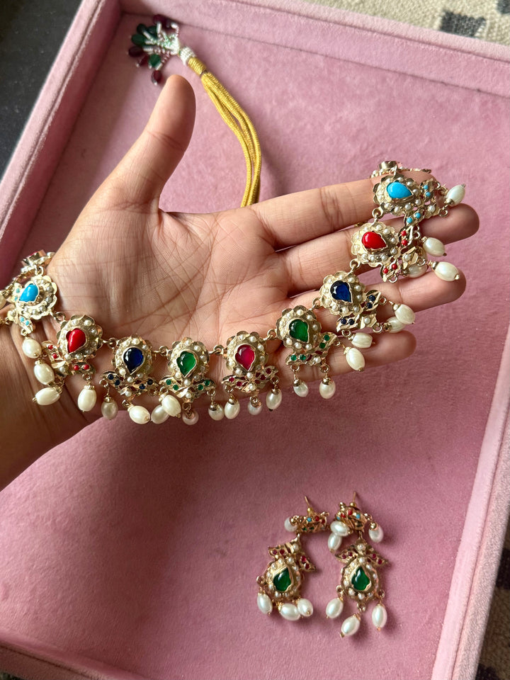Statement Jadau Necklace Set | 18k Gold Plated | Copper & Semi-Precious Stones