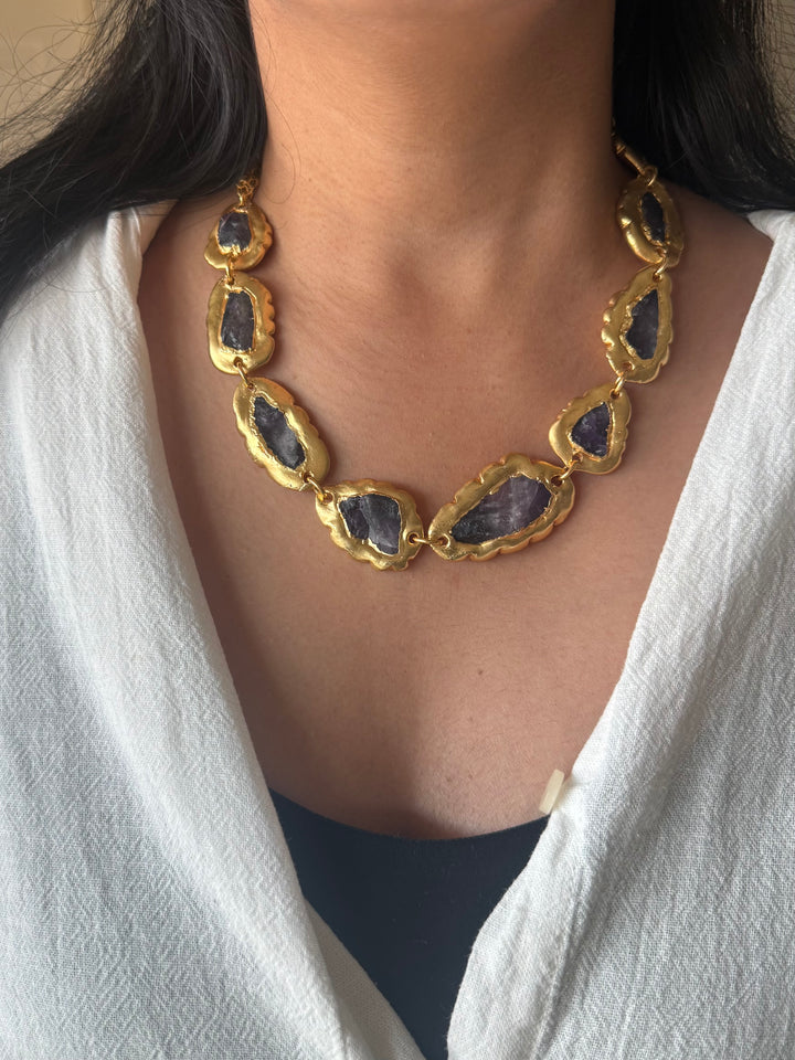 Handmade Raw Amethyst Gold Embedded Necklace | Adjustable Lobster Claw Brass Statement Jewelry