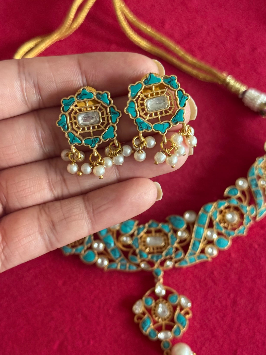Handmade Jadau Turquoise Necklace Set | Brass Gold Polish | SHIVKA