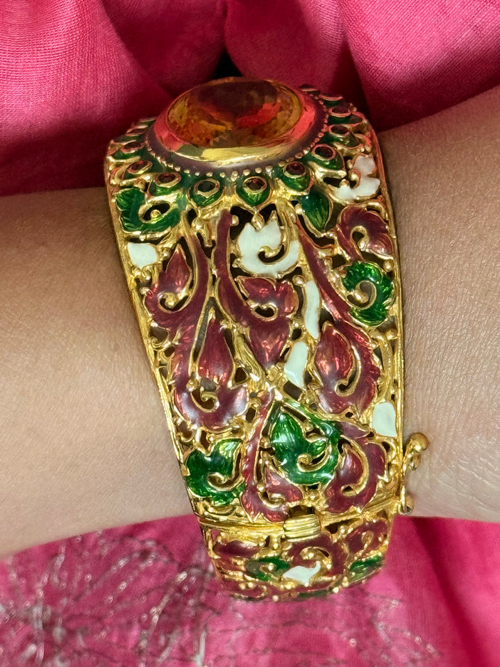SHIVKA 925 Silver Meenakari Kada | Natural Topaz Stone | Gold Plated | Openable | 60g